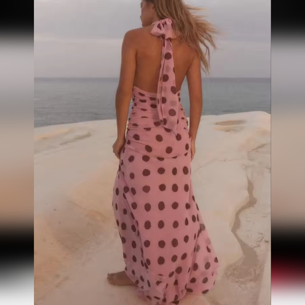 Polka Dot Printing Halter Maxi Dress WomenElegant Sleeveless Backless Skinny - Picture 5 of 10